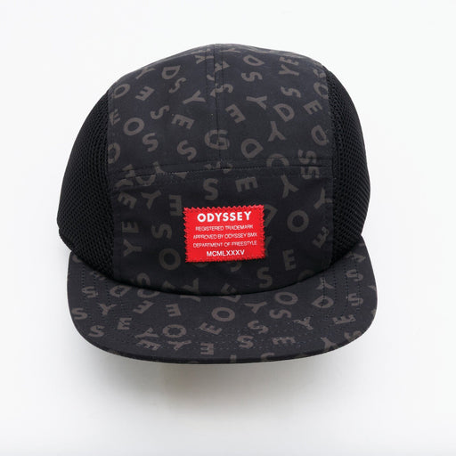 Black cap with text pattern and red Odyssey label on a white background