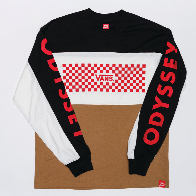 Long-sleeve shirt with Vans and Odyssey branding on a white background