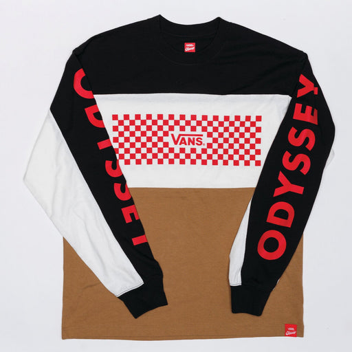 Long-sleeve shirt with Vans and Odyssey branding on a white background