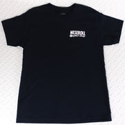 Black t-shirt with a logo on a white textured background