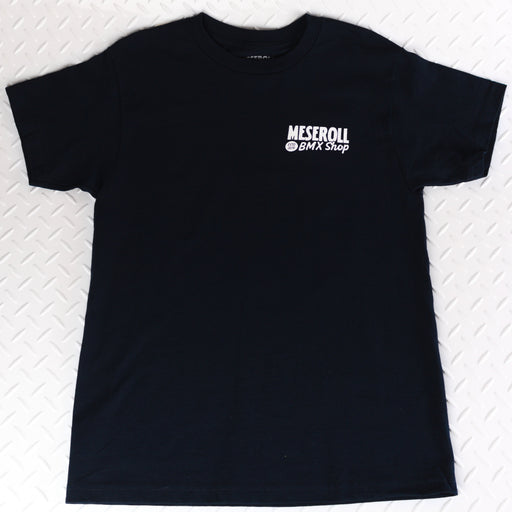 Black t-shirt with a logo on a white textured background
